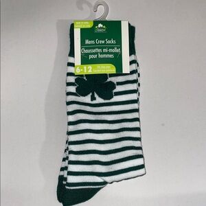 Men’s St. Patrick’s Day Green and White Striped Crew Socks With Clover